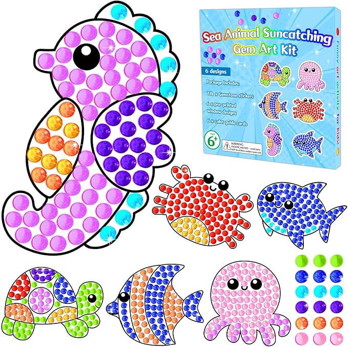 Qyeahkj 6pcs Summer Arts and Crafts Kits for Kids Sea Animal Under The Sea Craft Activities Suncatcher Kit Bulk for Girl Boy at 4-12 DIY Fun Diamond Painting Seahorse Easy Craft Ages 4 5 6 8 10 12