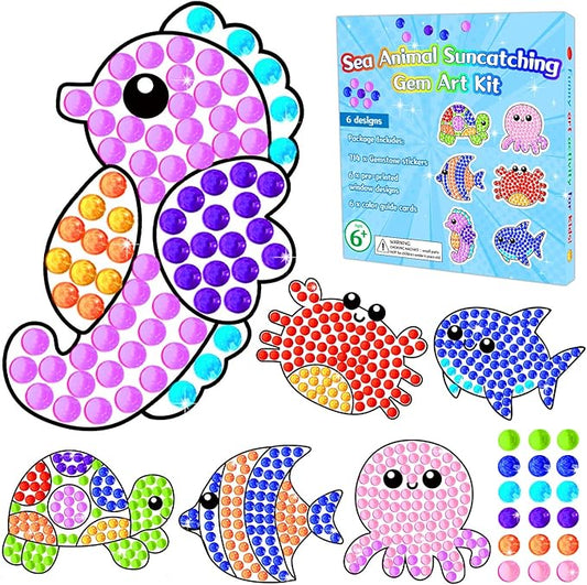 Qyeahkj 6pcs Summer Arts and Crafts Kits for Kids Sea Animal Under The Sea Craft Activities Suncatcher Kit Bulk for Girl Boy at 4-12 DIY Fun Diamond Painting Seahorse Easy Craft Ages 4 5 6 8 10 12