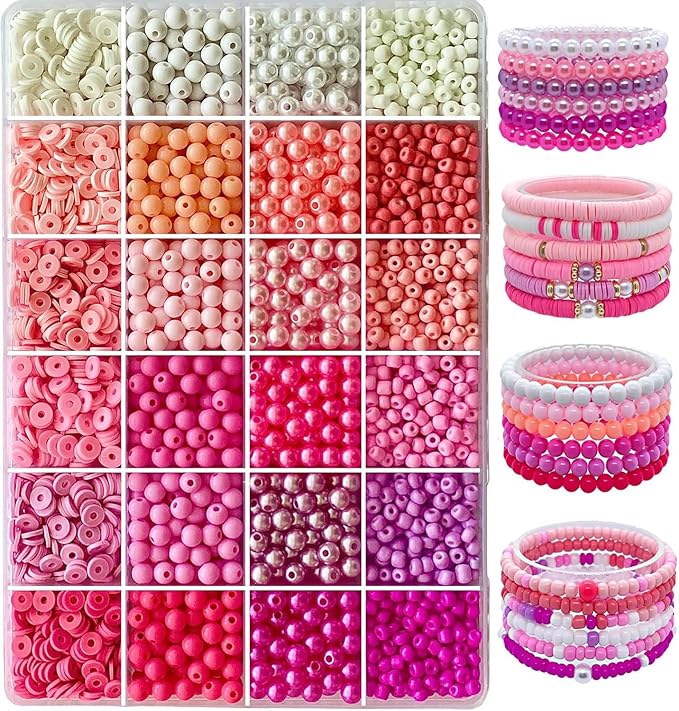 Pink Clay Beads for Bracelets Valentines Day Bracelets Making Kit Seed Beads Pearl Acrylic Glass Plastic Bead Friendship Bracelets Bead for Jewelry Making