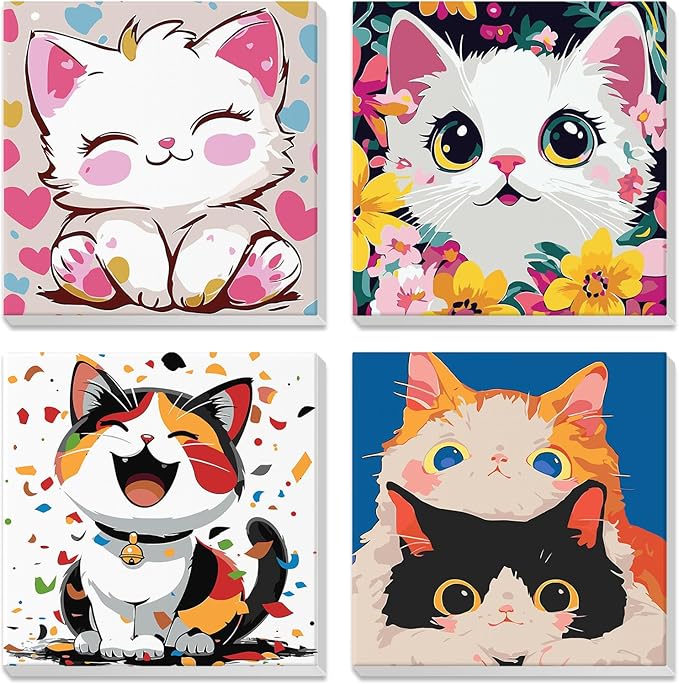 NEWENMO 4 Pack Paint by Numbers Kit for Kids Beginner with Wooden Frame, Cute Kawaii Sweet Cartoon Cat, Paint by Numbers Kit for Adults, Adorable Kitten, DIY Painting Kits for Home Wall Decor 8x8inch