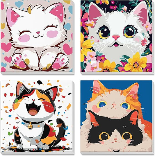 NEWENMO 4 Pack Paint by Numbers Kit for Kids Beginner with Wooden Frame, Cute Kawaii Sweet Cartoon Cat, Paint by Numbers Kit for Adults, Adorable Kitten, DIY Painting Kits for Home Wall Decor 8x8inch
