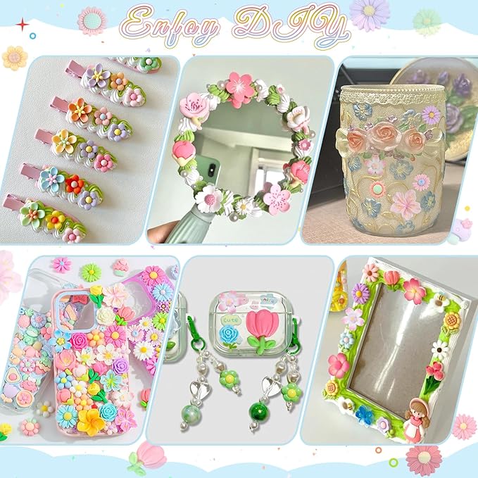100PCS Flower Slime Charms Cute Flatback Resin Charms for Slime, Kawaii Random Decoden Charm for Embellishments Phone Junk Case Charms Bulk,Hairpins Scrapbooking Crafting DIY Decor