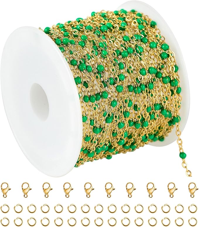 KYUNHOO 16.4 Feet Gold Plated Jewelry Chain Roll Stainless Steel Cable Chain Links Green Bead Rosary Chains with Jewelry Findings for Necklace Bracelet Making