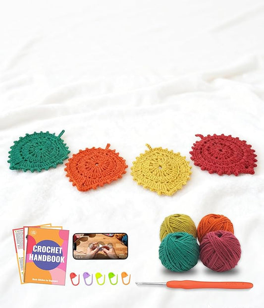 PAITIN Crochet Starter Kit – Easy DIY Craft Set for Adult Beginners, Handmade Yarn Art Project with Video Guidance (Leaf Coaster)