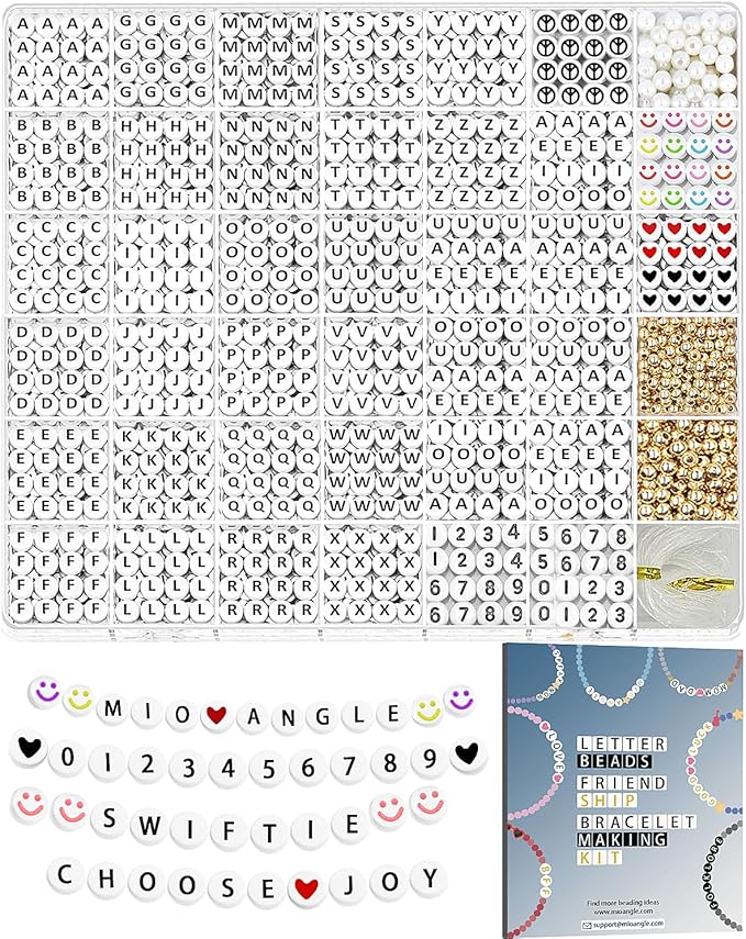 Mio Angle Letter Beads 1640Pcs 39 Styles Friendship Bracelets Assorted Number Preppy Jewelry Making Kit with Case for Teen Girl Gifts Ages 6 7 8 9 10 11 12 （Black Letter White Beads）