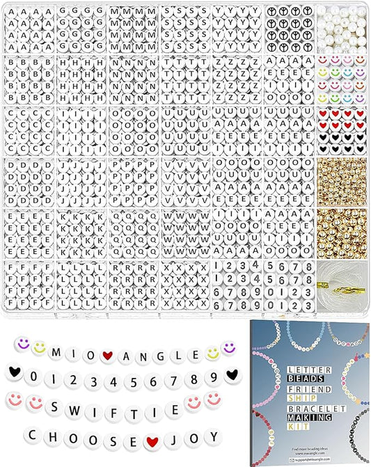 Mio Angle Letter Beads 1640Pcs 39 Styles Friendship Bracelets Assorted Number Preppy Jewelry Making Kit with Case for Teen Girl Gifts Ages 6 7 8 9 10 11 12 （Black Letter White Beads）
