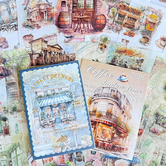 64 Sheets Vintage Floral Scrapbooking Kit, Precut Floral Natural Garden Flowers Butterfly Transparent PET and Washi Stickers with Scrap book Paper for Scrapbook Supplies Junk Journals Craft (Street)
