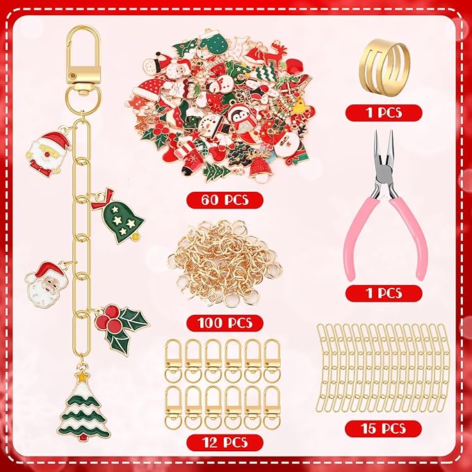 AUGSUN 189Pcs Christmas Keychain Making Kit, Charm Making Crafts Including 60 Christmas Charms 12 Keychain Clips Hooks 15 Extender Chains 100 Jump Ring and Jewelry Plier for Holiday Gifts