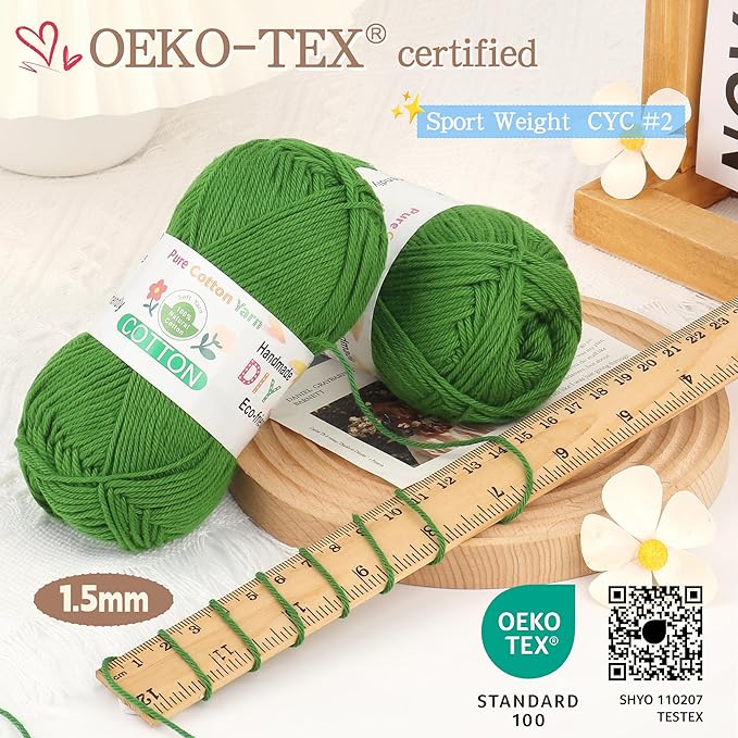 Katech Pure Cotton Yarn for Crocheting & Knitting–Soft Sport Weight CYC #2, 6 Skeins (50g Each, 300g Total), Ideal Crochet Yarn for Dishcloths, Baby Clothes, Socks, Lightweight Scarves（Grass）