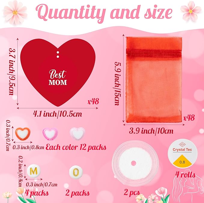 BeYumi Mom Bracelet Craft Kit - 24 Pack Mother's Day Mom Letter Heart Beads Bracelets with Heart Gift Cards and Bags DIY Thankful Craft Kit to Mothers School Classroom Party Fun Activities Ages 6-12