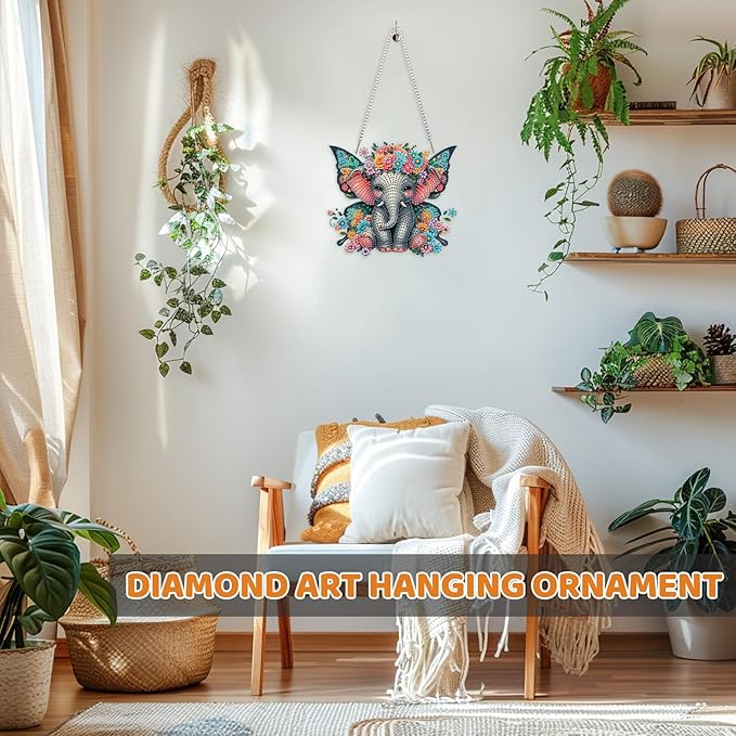 MEIYUDA Elephant Diamond Art Hanging Kits for Adult, Butterfly Elephant Diamond Painting Hanging Kits Ornaments, Animals DIY Special Shaped Rhinestone Window Pendant for Home Garden Wall Decor Gift