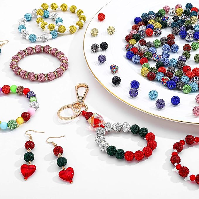 100PCS Rhinestone Beads Jewelry Making kit，10mm Crystal Color Round Sparkle Clay Beads Disco Ball Bulk Baseball Necklace Bracelets Earrings Keychain Bag Charm DIY Crafts (Pack of 2)