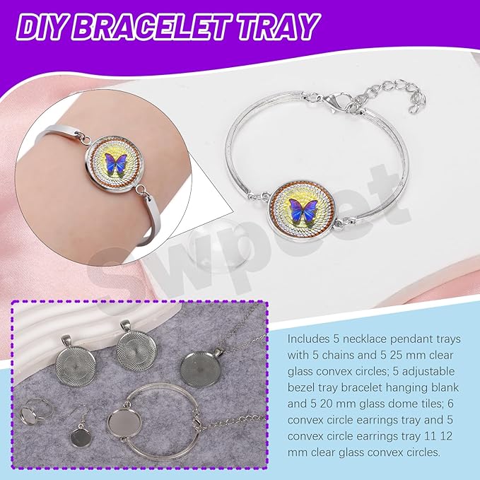 Swpeet 47Pcs 12mm 20mm 25mm Round Pendant Trays Kit, Including Dome Cabochons, Bracelet Bezel Settings, Chains, Earring Pendant Trays, Ring Necklace Pendants Tray for Jewelry Making