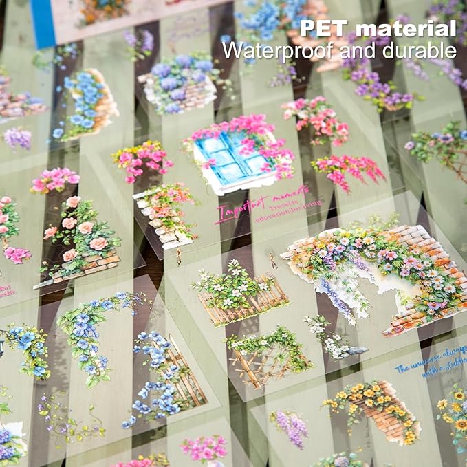 Vintage Garden PET Sticker Book Set – 4 Books, 64 Pages of Pre-Cut Waterproof Floral Stickers for Journaling, Scrapbooking, DIY Crafts and Planner Supplies