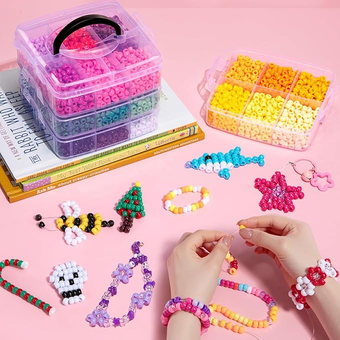 Simetufy 3600Pcs Pony Beads, 24 Colors Kandi Beads Bulk for Bracelets Making Hair Braiding Kandi Friendship Bracelet DIY Craft Jewelry Making Christmas Gifts（2.06LB, Stack Box）