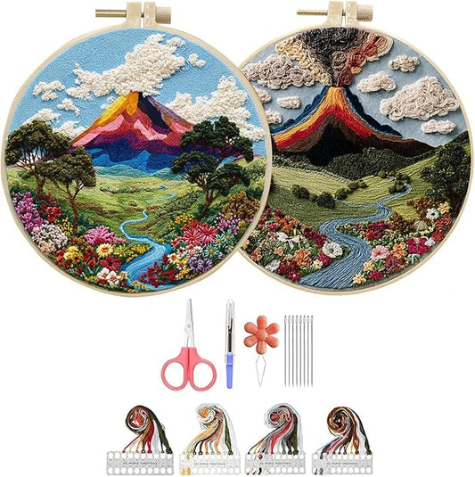 Hzkokon 2 Pack Embroidery Kit for Beginners Adults Cross Stitch Kits Hand Embroidery Kit Includes Stamped Flower Pattern, Hoop, Color Threads,Tools & Follow Instruction