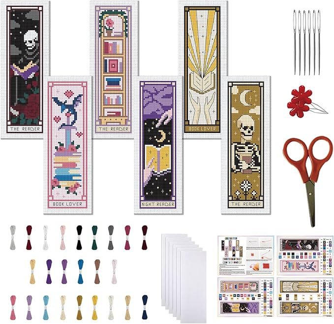 FREEBLOSS 6pcs Cross Stitch Bookmark Kit for Adult Beginners Stamped Tarot Pattern Cross Stitch Kits Embroidery Bookmarks Craft Kit with Instructions for Gift 11CT 8"x2.4"