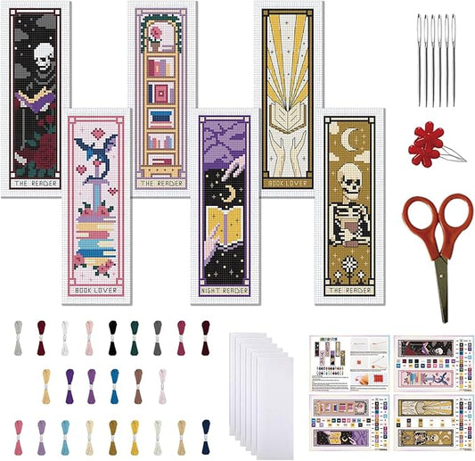 FREEBLOSS 6pcs Cross Stitch Bookmark Kit for Adult Beginners Stamped Tarot Pattern Cross Stitch Kits Embroidery Bookmarks Craft Kit with Instructions for Gift 11CT 8"x2.4"