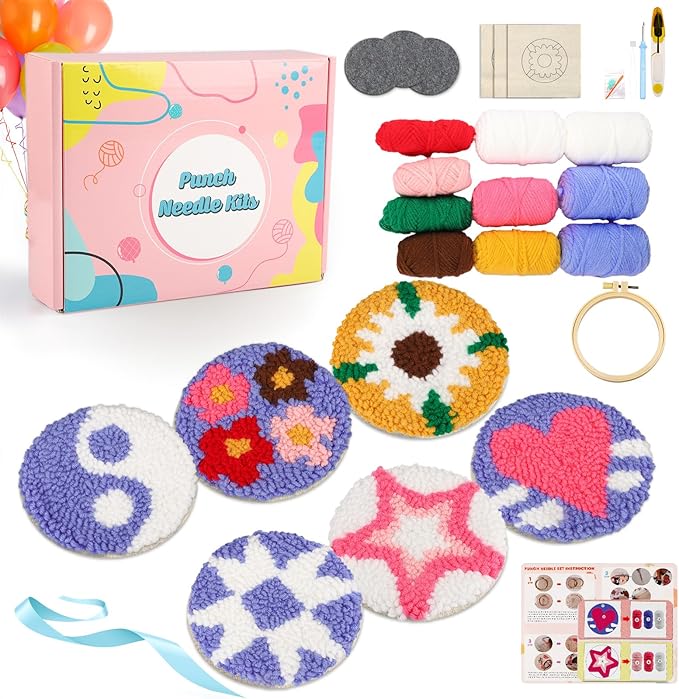 AIRDEA Punch Needle Drink Coasters Kit,Casual Punch Needle Embroidery Complete Kits for Beginner 3.29x3.29 Inches,Included All Accessories,DIY Car Coasters (Box-Blue Pink Yellow)