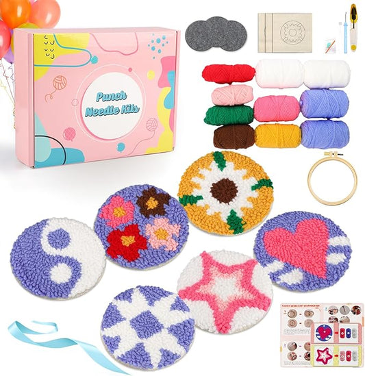 AIRDEA Punch Needle Drink Coasters Kit,Casual Punch Needle Embroidery Complete Kits for Beginner 3.29x3.29 Inches,Included All Accessories,DIY Car Coasters (Box-Blue Pink Yellow)