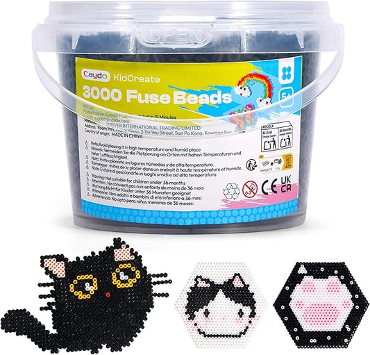 Caydo 3000PCS 5mm Black Fuse Beads, Bucket Packed Iron Beads Safe Material Kit, Art Creative Crafts for Kids DlY Pixel Parent-Child Interaction Art & School Project Holiday Gifts