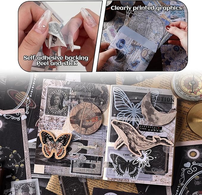 200Pcs Vintage Scrapbook Paper Sticker Kit,Starry Sky and Ocean Underwater Scrapbooking Decals for Junk Journal Supplies Card Making Stationery Album,Collage,As Gift