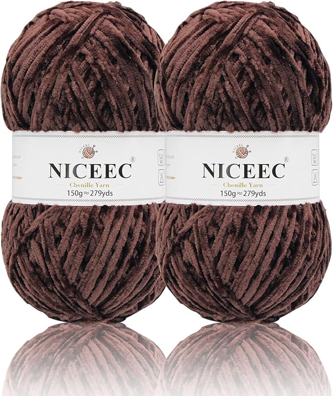 NICEEC 2 Skeins Soft Chenille Yarn Blanket Yarn for Knitting Fancy Yarn for Crochet Weaving DIY Craft Total Length 2×255m (2×279yds, 2×150g)_Coffee