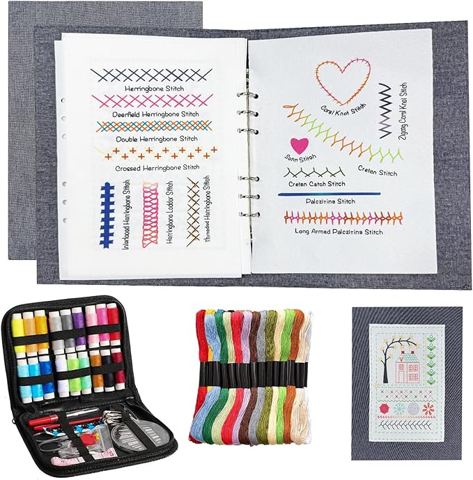 pzvdsog 2026 Upgraded Removable Stitch Book Kit with Extra Thick Threads, Needles Threader Thimble Sewing Tool, DIY Embroidery Stitch Bo-ok kit, 108 Pattern for DIY and Sew Enthusiast