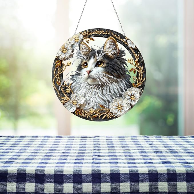 Generic DIY Hanging Diamond Pendant Special Shaped Crystal Diamond Art Painting Ornament Single Sided for Window Home Garden Wall Door Decor-Cat