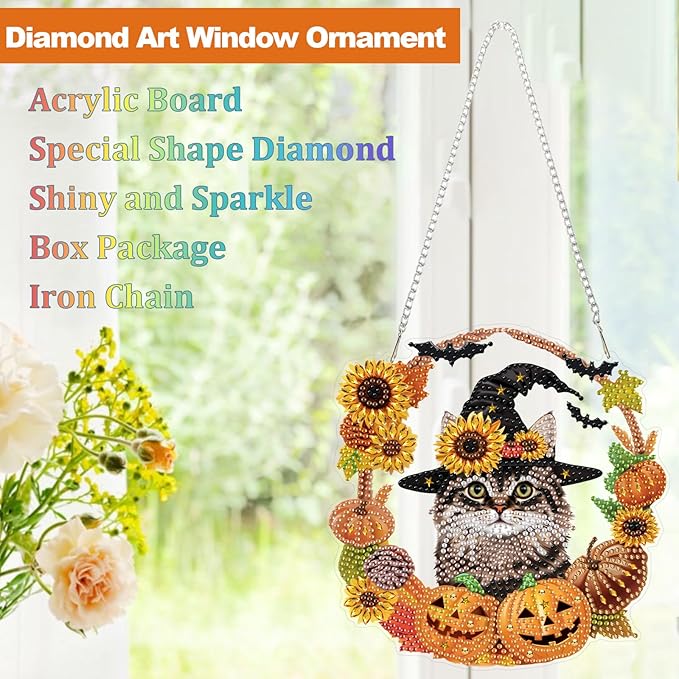 CEOVR Halloween Diamond Painting Hanging Ornament, Cat Pumpkin 5D Special Shape Diamond Art, Crafts for Adults DIY Fall Gem Art, Acrylic Home Garden Window Wall Decor with Chain, Box Kit, 7.57×7.61in