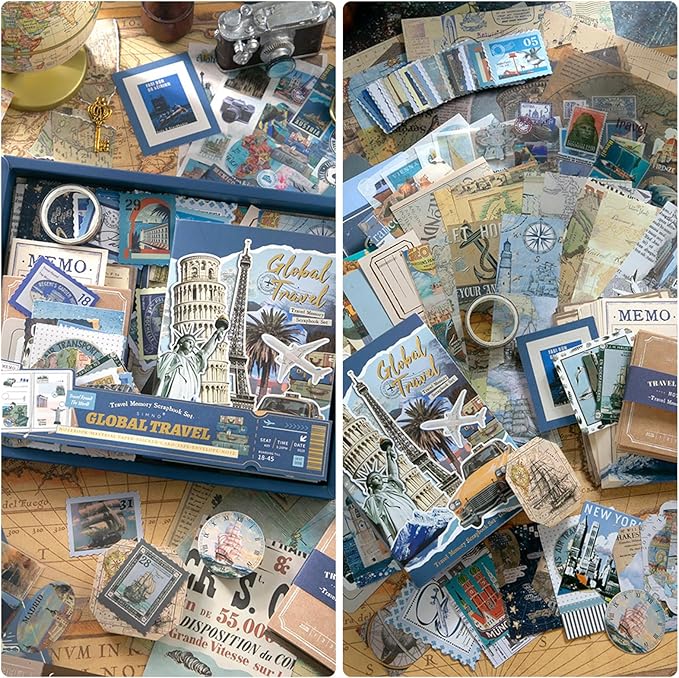 Scrapbooking Supplies Kit, Aesthetic Junk journaling Supplies, Scrapbook Kit with Bullet Journaling Stickers, Stationary Set, Vintage Ephemera Collage Craft Supplies Gift for Adults Women Beginner