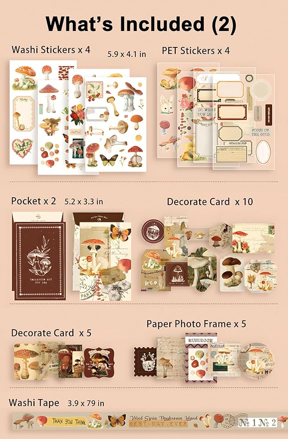 joychoic vintage journaling kit, mushroom junk journal supplies, brown scrapbooking materials, large aesthetic scrapbook collection for women, arts craft, adults daily