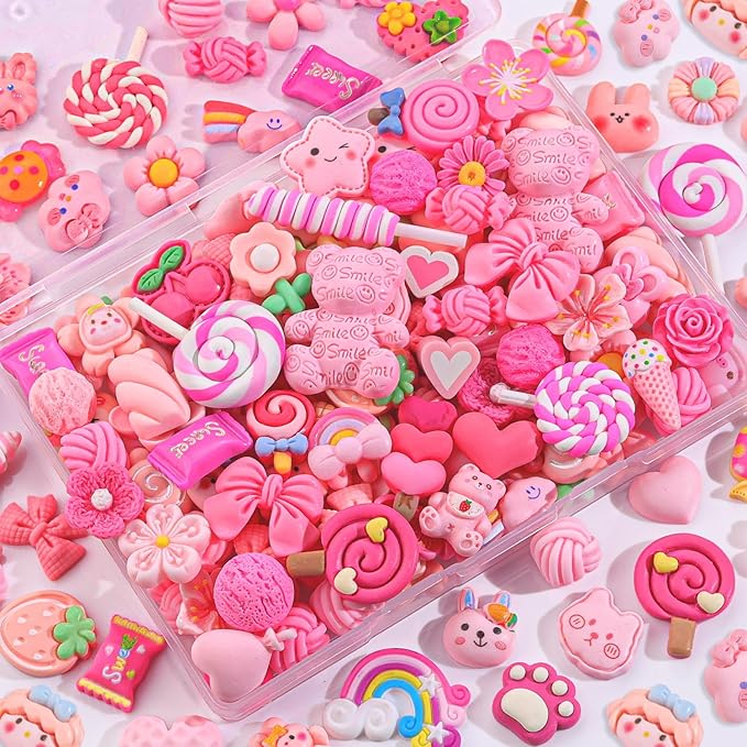 100PCS Pink Slime Charms Cute Flatback Resin Charms for Slime, Random Kawaii Decoden Charm for Embellishments Phone Junk Case Charms Bulk Rainbow Bow Heart Lollipop, Scrapbooking DIY Decor