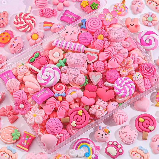 100PCS Pink Slime Charms Cute Flatback Resin Charms for Slime, Random Kawaii Decoden Charm for Embellishments Phone Junk Case Charms Bulk Rainbow Bow Heart Lollipop, Scrapbooking DIY Decor