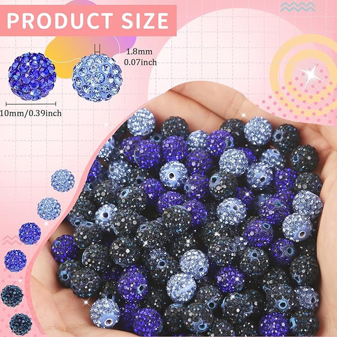 200 Pcs 10mm Rhinestone Beads for Jewelry Making, Dark Blue Shiny Round Shamballa Disco Baseball Necklace Beads Sparkle Crystal Clay Pave Rhinestones Bead for DIY Bracelet Earring Making Supplies