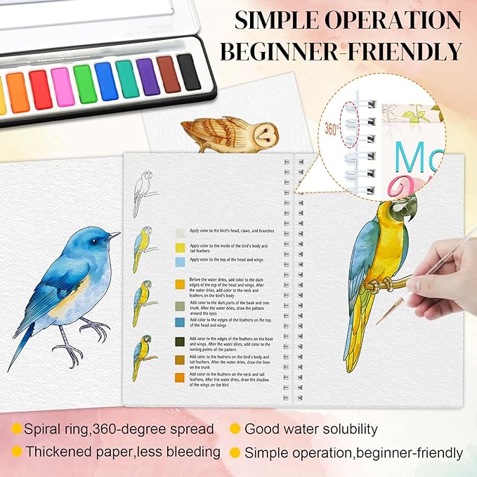 APOLYONE 2-Pack Beginner Watercolor Workbooks: 24 Coloring Pages + 12 Watercolor Paints + Brush – 300gsm/140lb Paper – Gift for Women, Adults & Beginners (Birds & Flower)