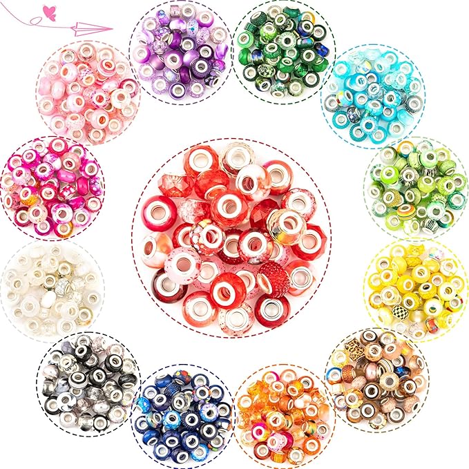 520 Pcs Large Hole Spacer Beads Assortment European Craft Beads Large Hole Colorful Rhinestone Lampwork Big Beads Fairy Garden Bead for DIY Pens Bracelet Necklace Keychain Jewelry Making Supplies