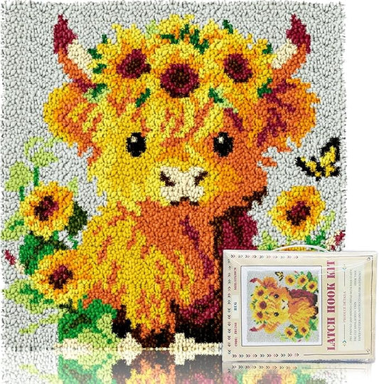 ORIGACH Cow Latch Hook Rug Kit for Adults Printed Rug Making Kit Handmade Carpet Tapestry Cover with Hook Latch and Preprinted Canvas, Home Arts Crafts Sofa Decor, 17.72x17.72inch