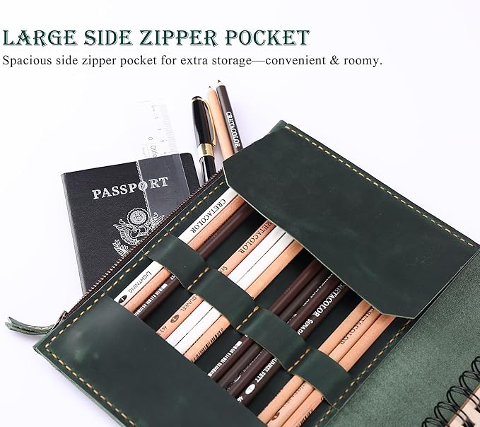 Leather Sketchbook Cover for A5/5.5"x8.5" sketch pads - Handmade Genuine Leather Artist Case with Pencil Holder & Zipper Pocket, Professional Drawing Supplies(Green, 5.5"x8.5")