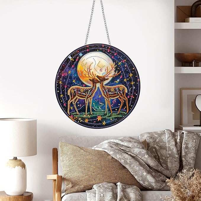 Pavemlo Hanging Diamond Art Kits for Adults Deer – 8x8 Inch Double-Sided Acrylic Board DIY Crystal Diamond Suncatcher Pendant, Sparkling Home Wall or Window Decoration Handmade Gift