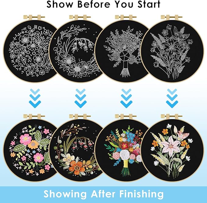ERKOON 4 Sets Embroidery Kit, Floral Cross Stitch Set for Include Embroidery Cloth Hoops Threads for Craft Lover Hand Stitch(Floral)