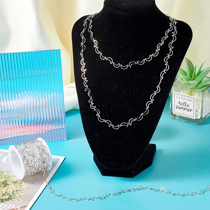 Sparkeads 9.84 Feet(3m) Silver Chain for Jewelry Making,Brass Hollow Moon Link Chains,Silver Link Necklaces for Women, Cable Chain for Bracelet DIY Earring Craft Supplies Jewelry Making Kits,10x6x1mm