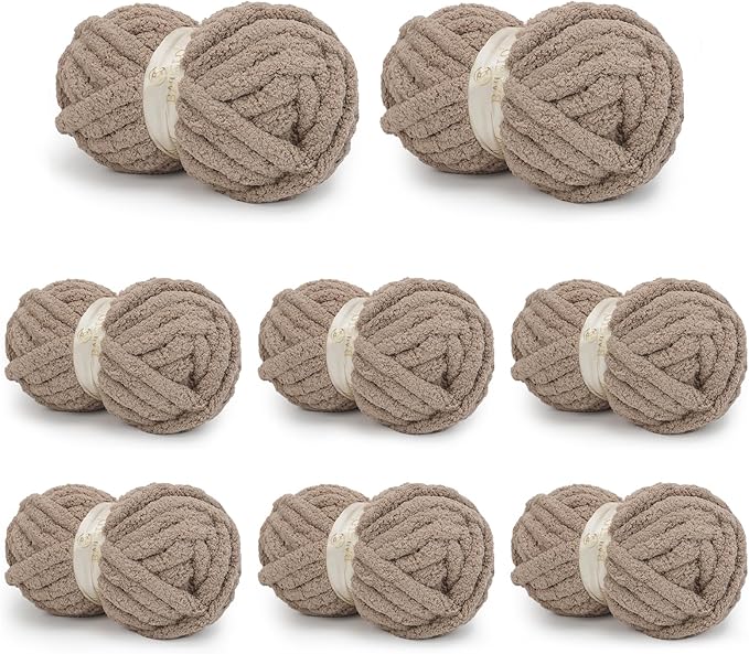 Chunky Yarn for Hand Knitting, Chunky Chenille Blanket Yarn for Crocheting, Bulky Soft Fluffy Chenille for Blanket Project, 8 Pack of 8oz/25yds, Vintage Khaki