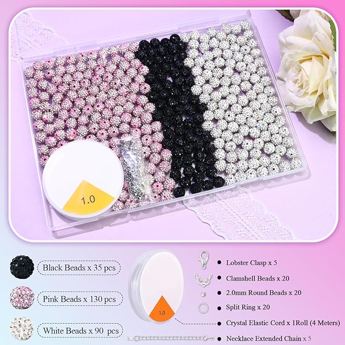 Dowarm 255PCS 10mm Rhinestone Beads for Baseball Rhinestone Necklace Bracelet Jewelry Making, Round Polymer Clay Beads for Crafts Beaded Pen, Shamballa Pave Disco Diamond Bead, Pink|White|Black