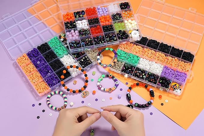 XIANNVXI 480pcs 23color Halloween Glass Beads Jewelry Making Kit Black Orange Purple White Friendship Bracelet Supplies with Halloween Pattern Beads Crafts