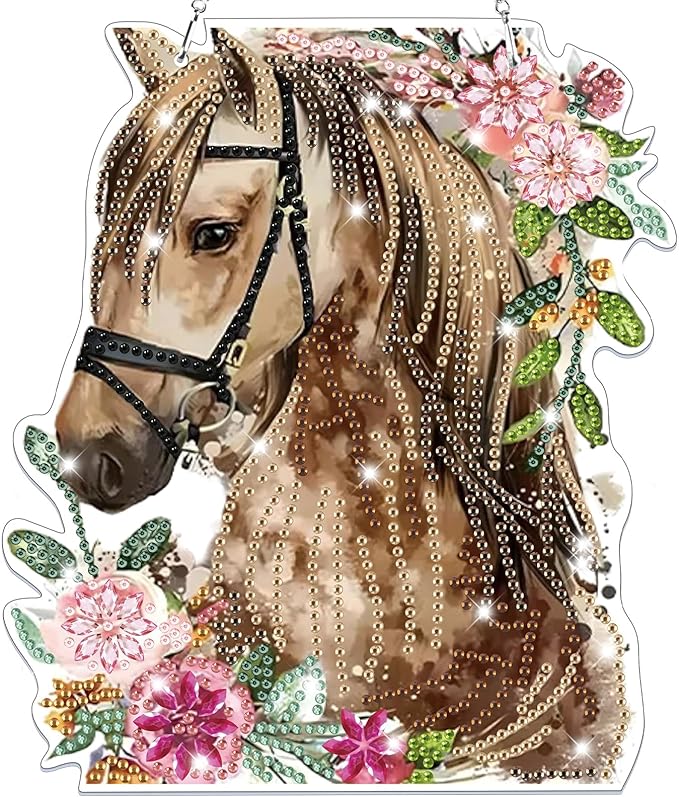 Bowetile Horse Diamond Art Hanging Kits for Adults, 5D Special Shape Diamond Painting Flowers Pendant Kits, Animal Gem Art Suncatchers Painting Ornament for Home Garden Wall Decor