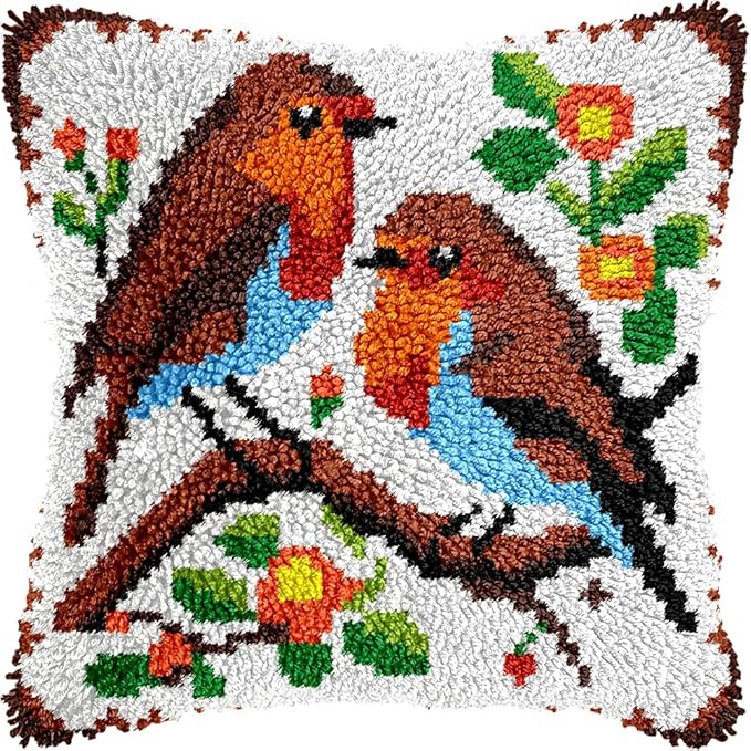 veirousa Robin Birds Latch Hook Pillow Kits for Adults Beginners, Pre-Printed Latch Hook Rug Set Cross-Stitch Embroidery Cushion for Home Sofa Decoration 17x17 Inch