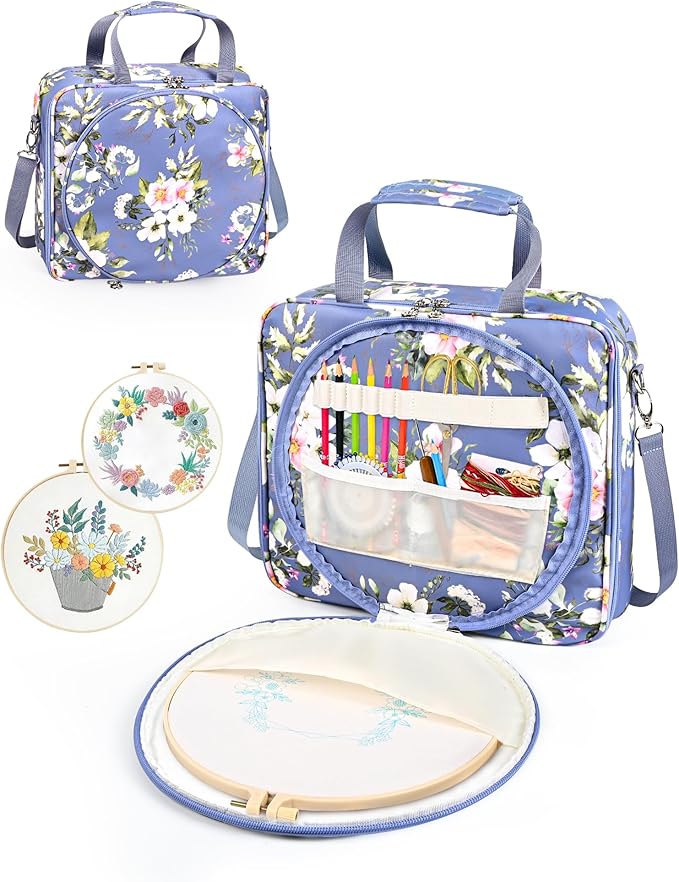 Telawsfun Embroidery Project Bag Organizer, Embroidery Supply Storage Bag with Removable Binder, Portable Carrying Tote for Thread Tools and Accessoriess, Bag Only (Flower)