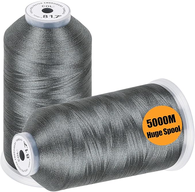 New brothread - 2 Huge Spools 5000M Each Polyester Embroidery Machine Thread 40WT for Commercial and Domestic Machines - Gray
