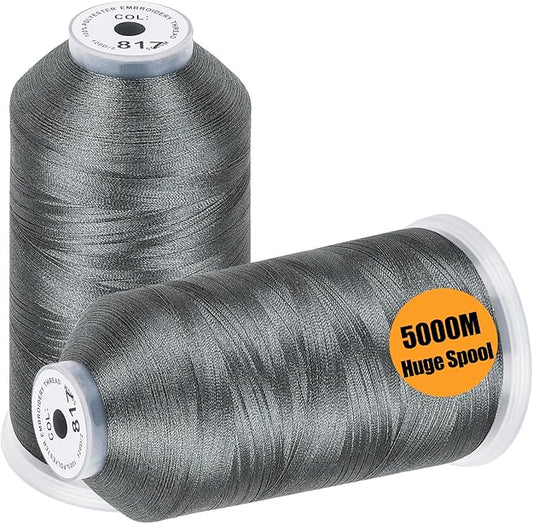 New brothread - 2 Huge Spools 5000M Each Polyester Embroidery Machine Thread 40WT for Commercial and Domestic Machines - Gray